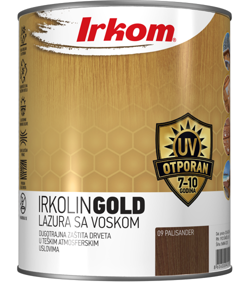 IRKOLIN GOLD je debeloslojni lazurni premaz sa voskom i UV zaštitom. Izrađen je na bazi sušivih alkidnih smola, UV otpornih pigmenata, specijalnih aditiva i odgovarajućih rastvarača. Koristi se za oplemenjivanje i dekorativnu zaštitu drveta u enterijeru i eksterijeru. Posebno je pogodan za tretiranje drveta izloženog ekstremnim atmosferskim uticajima, kao što su jako sunce, velika vlaga, udari kiše, vetra, snega i sl.
                Visok sadržaj voska puni pore drveta dajući mu dugotrajnost, otpornost, elastičnost i svilenkast sjaj, pri čemu struktura drveta ostaje jasno vidljiva. Nanet na drvo, Irkolin Gold se ponaša isto kao i drvo kada je hladno skuplja se, a kada je toplo on se širi, što dovodi do toga da premaz prati kretanje drveta. UV zaštita obezbeđuje da boja ne menja nijansu, ne puca i ne ljušti se, a drvo ostaje potpuno zaštićeno duži vremenski period. Irkomova laboratorija je napravila lazuru koja pored voska poseduje komponente koje omogućavaju produženi vek trajanja premaza kroz regeneraciju premaza nakon svake zime dajući drvetu izgled sveže farbanog. Pored toga, Irkolin Gold je potpuno vodootporan i samim tim ne dozvoljava prodor vlage u drvo.